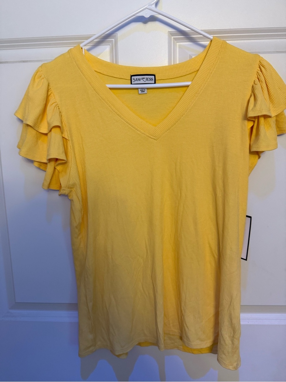 NWT Sam & Jess Bright Yellow Ribbed V-Neck Ruffle Sleeve Top